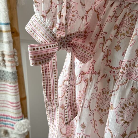 Bell by Alicia Bell Lucy Pink Gold Motif White Puff Sleeves Wrap Mini Dress XS - Picture 10 of 16